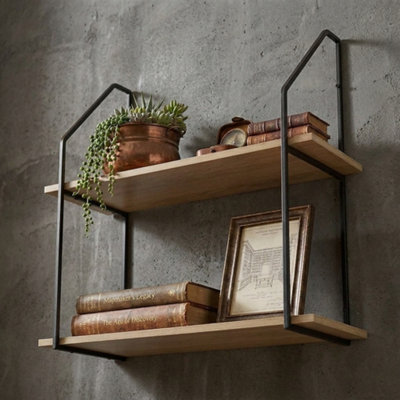 B&Q Modern Wall Mounted Shelf Unit With 2 Wooden Shelves And Metal Frame For Home Storage