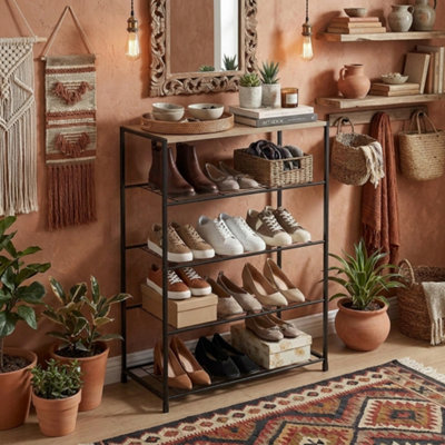  - 5 Tier Shoe Rack With Seat ,metal And Wood Shoe Storage Bench Entryway And Hallway Organiser 63Cm 30Cm  83Cm