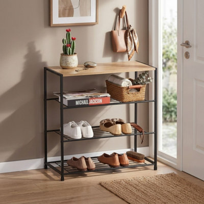  - 4 Tier Wooden Shoe Bench With Metal Frame Freestanding Oak Shoe Rack Organiser Entryway Hallway Storage Shelf 63X30X63Cm