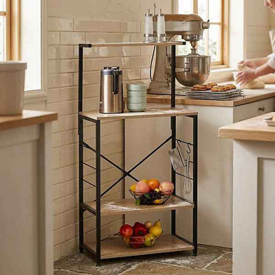  - Tall Bakers Rack With Shelves And 4 Hooks Oak Kitchen Storage Unit With Metal Frame And Microwave Stand
