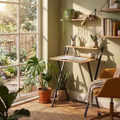  - Oak Foldable Computer Desk With Monitor Stand 2 Tier Space-Saving Workstation For Home Office