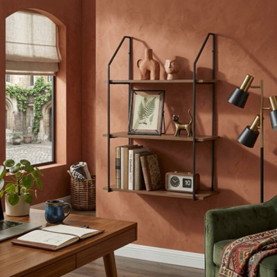  - Oak Effect Wall Mounted 3 Tier Shelving Unit With Black Metal Frame Floating Storage Display Shelf