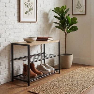  - 3 Tier Wooden Shoe Bench With Metal Frame Freestanding Shoe Rack Organiser Storage Shelf For Entryway Hallway 63 X 30 X 43 Cm