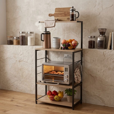  - Tall Kitchen Bakers Rack With Shelves Microwave Stand And Metal Frame Oak