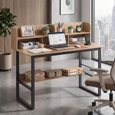  - 120Cm Computer Desk With Storage Hutch And Bottom Shelf Wooden Writing Desk