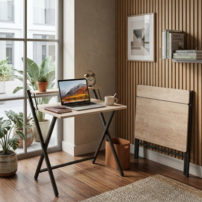  - Foldable Computer Desk With Monitor Stand 80Cm 2 Tier Oak