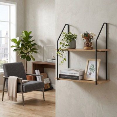  - Wall Mounted Shelving Unit With 2 Wooden Shelves 60 X 20 X 52Cm Oak Effect