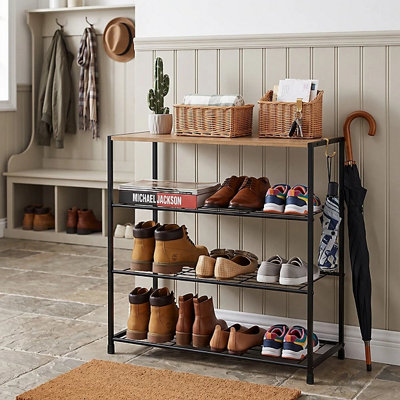  - 4 Tier Wooden Shoe Bench With Metal Frame Oak Entryway Hallway Storage Rack Organiser 63 X 30 X 63Cm