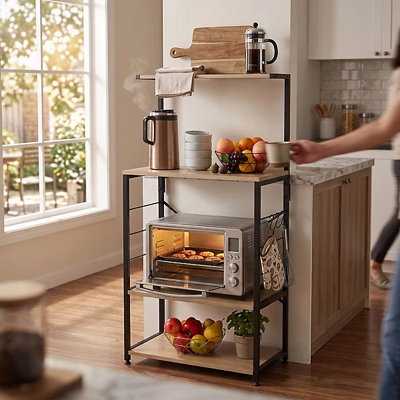  - Tall Kitchen Bakers Rack Storage Unit With Shelves Hooks And Microwave Stand