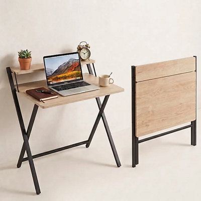  - Foldable Computer Desk With 2 Tier Monitor Stand Oak Finish 80Cm Compact Workspace