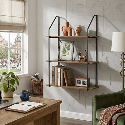  - 3 Tier Wall Mounted Floating Shelf Oak Effect Storage Unit With Black Metal Frame 60 X 20 X 80Cm