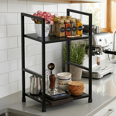  - 2 Tier Wooden Spice Rack With Bamboo Frame Storage Organiser 29.1X23.5X48Cm