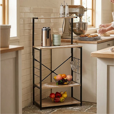  - Tall Bakers Rack Kitchen Storage Unit With Shelves Hooks Metal Frame Oak Finish