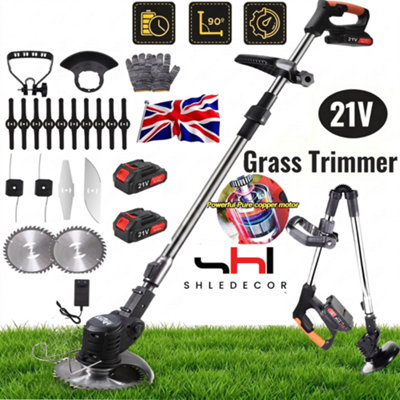  - 21V Foldable Cordless Grass Trimmer With Wheels 2 Batteries And Charger Garden Strimmer Weed Edger