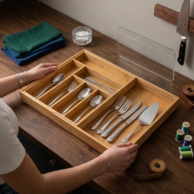  - Bamboo Cutlery Tray Kitchen Drawer Organiser 6-8 Compartment Utensil Holder