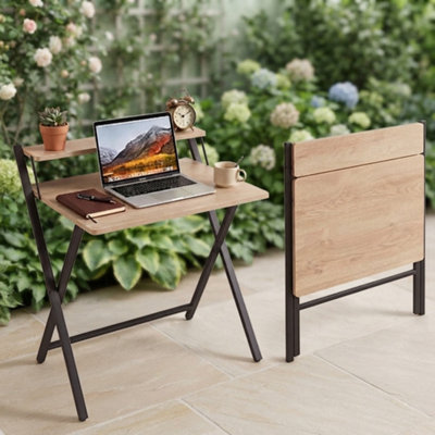  - Foldable Computer Desk 80Cm With 2 Tier Monitor Stand Space Saving Office Study Table Oak