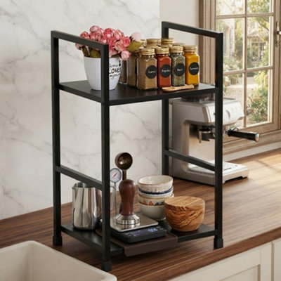  - 2 Tier Wooden Spice Rack Bamboo Storage Shelf Desktop Organiser For Kitchen Dining Room Office Black 29.1 X 23.5 X 48 Cm