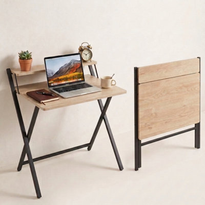  - Foldable Computer Desk With Monitor Stand80Cm 2 Tier For Small Spaces Oak Colour
