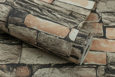 Zed Décor Zed Decor Brown Brick & Stone Smooth Vinyl Wallpaper 571501 from B&Q