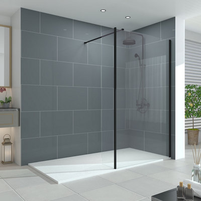 Vruc Wet Room Shower Glass Screen Panel Walk In Enclosure 1200mm & Return Panel Black 215mm from B&Q