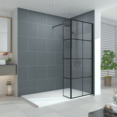 B&Q -  Wet Room Shower Glass Screen Panel Walk In Enclosure 800mm & Return Panel Black Grid 300mm