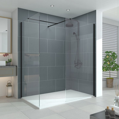 Vruc Walk In Wet Room Shower Enclosure Glass Screen 700mm Front Panel & 700mm End Panel Black from B&Q