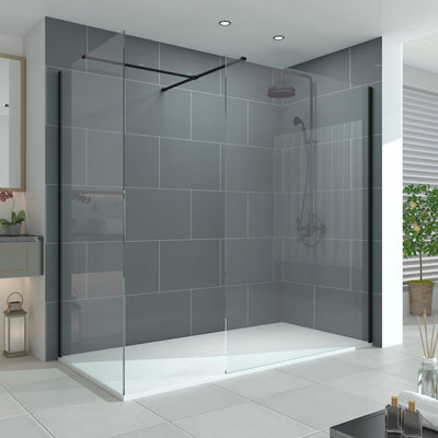 Vruc Walk In Wet Room Shower Enclosure Glass Screen 1400mm Front Panel & 800mm End Panel Black from B&Q