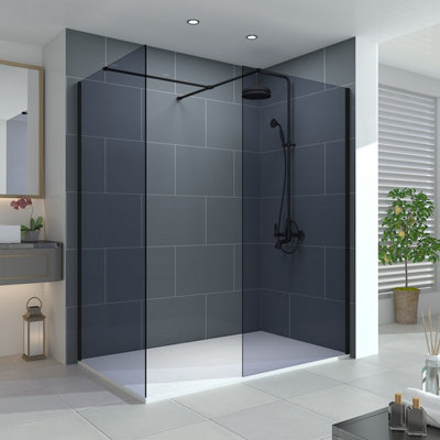 Vruc Walk In Wet Room Shower Enclosure Grey Glass Screen 800mm Front Panel & 700mm End Panel from B&Q