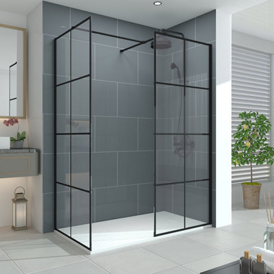 Vruc Walk In Wet Room Shower Enclosure Glass Screen 800mm Front Panel & 760mm End Panel Black Grid from B&Q