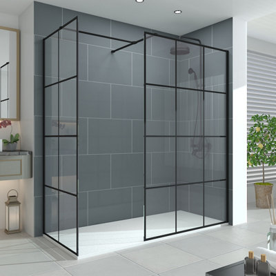 Vruc Walk In Wet Room Shower Enclosure Glass Screen 1000mm Front Panel & 900mm End Panel Black Grid from B&Q
