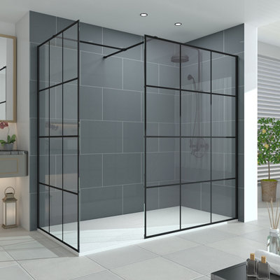 Vruc Walk In Wet Room Shower Enclosure Glass Screen 1400mm Front Panel & 1100mm End Panel Black Grid from B&Q