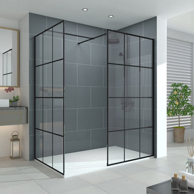 Vruc Walk In Wet Room Shower Enclosure Glass Screen 1200mm Front Panel & 1200mm End Panel Black Grid from B&Q