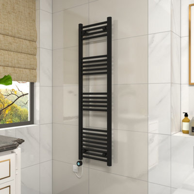 Vruc Black Straight Prefilled Electric Heated Towel Rail 1400X400mm With 800W Thermostatic Heating Element from B&Q