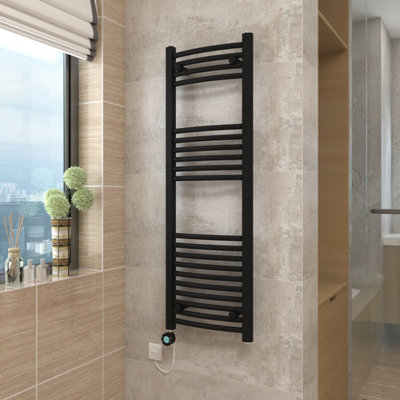 Vruc Black Curved Prefilled Electric Heated Towel Rail Radiator 1200X400mm With 600W Thermostatic Heating Element from B&Q