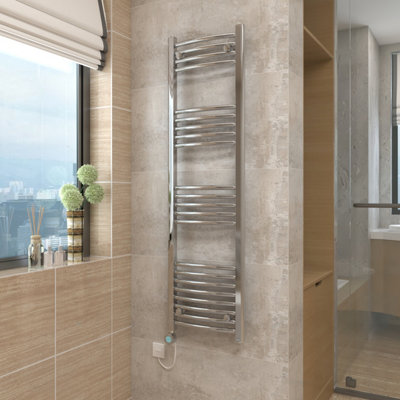 Vruc Chrome Curved Prefilled Electric Heated Towel Rail Radiator 1400X400mm With 800W Thermostatic Heating Element from B&Q
