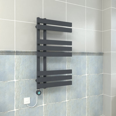 Vruc Anthracite Prefilled Electric Heated Towel Rail D-Shape Radiator 800X450mm With Thermostatic Wifi Heating Element from B&Q