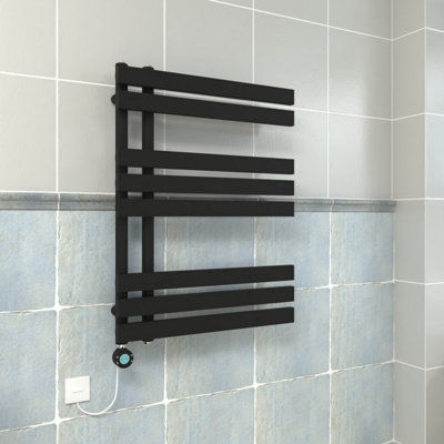 Vruc Black Prefilled Electric Heated Towel Rail D-Shape Radiator 800X600mm With Thermostatic Wifi Heating Element from B&Q