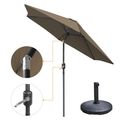 VRUC 2.5M Garden Parasol Umbrella Outdoor Sun Shade Tilt And Crank Handle Taupe With Base from B&Q