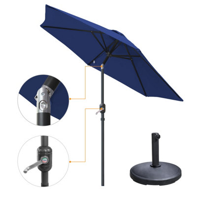 VRUC 2.5M Garden Parasol Umbrella Outdoor Sun Shade Tilt And Crank Handle Blue With Base from B&Q