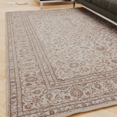 Loomed Traditional Floral Cotton Chenille Rug Cream Beige Machine Washable 120Cm X 170Cm from B&Q