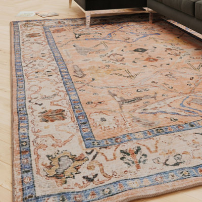 Loomed Traditional Pattern Cotton Chenille Rug Peach Blue Machine Washable 120Cm X 170Cm from B&Q
