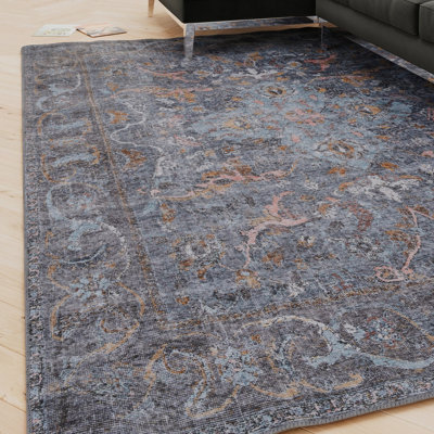 Loomed Traditional Design Cotton Chenille Rug Blue Gold Machine Washable 120Cm X 170Cm from B&Q