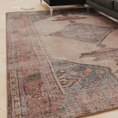 Loomed Vintage Tribal Cotton Chenille Rug Beige Blue Distressed Machine Washable 80Cm X 150Cm from B&Q