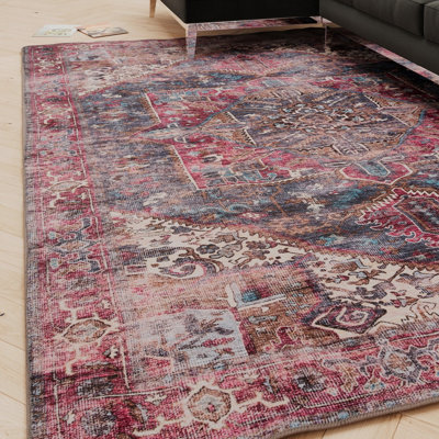 B&Q -  Traditional Design Cotton Chenille Rug Pink Blue Gold Machine Washable 200Cm X 290Cm