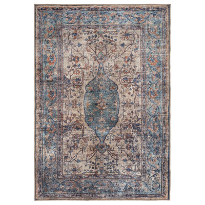 B&Q -  Traditional Design Cotton Chenille Rug Beige Blue Machine Washable 200Cm X 290Cm