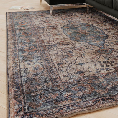 B&Q -  Traditional Design Cotton Chenille Rug Beige Blue Machine Washable 240Cm X 330Cm