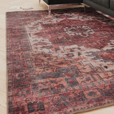 Loomed Traditional Design Cotton Chenille Rug Red Cream Blue Machine Washable 120Cm X 170Cm from B&Q