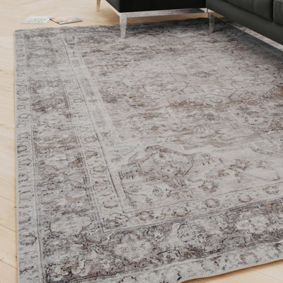 Loomed Oriental Design Cotton Chenille Rug Grey Beige Machine Washable 280Cm X 380Cm from B&Q