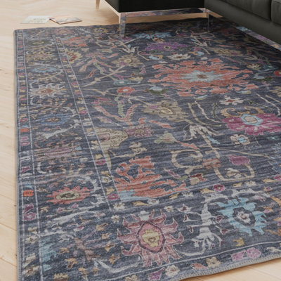 B&Q -  Floral Design Cotton Chenille Rug Navy Multicolour Machine Washable 240Cm X 330Cm