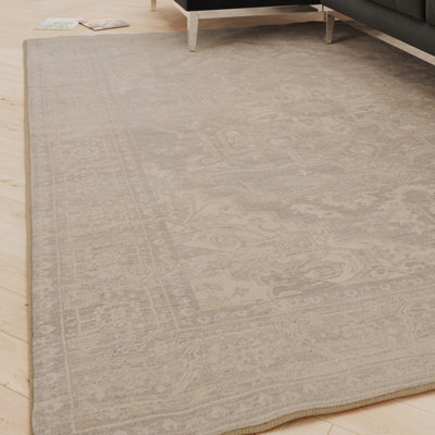 Loomed Oriental Design Cotton Chenille Rug Grey Beige Machine Washable 80Cm X 150Cm